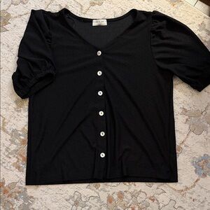 Kim & Cami Black Button-Front V-Neck Puff Sleeve Top